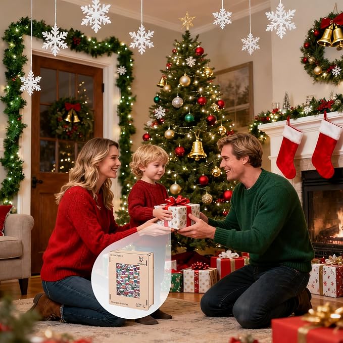 Ixfyloop Christmas Village Wooden Puzzles for Adults, Snowman Building Unique Shaped Jigsaw Puzzles 497 Pieces, Winter Challenging Puzzle Perfect for Family Games Lovers 13.6x18 Inch