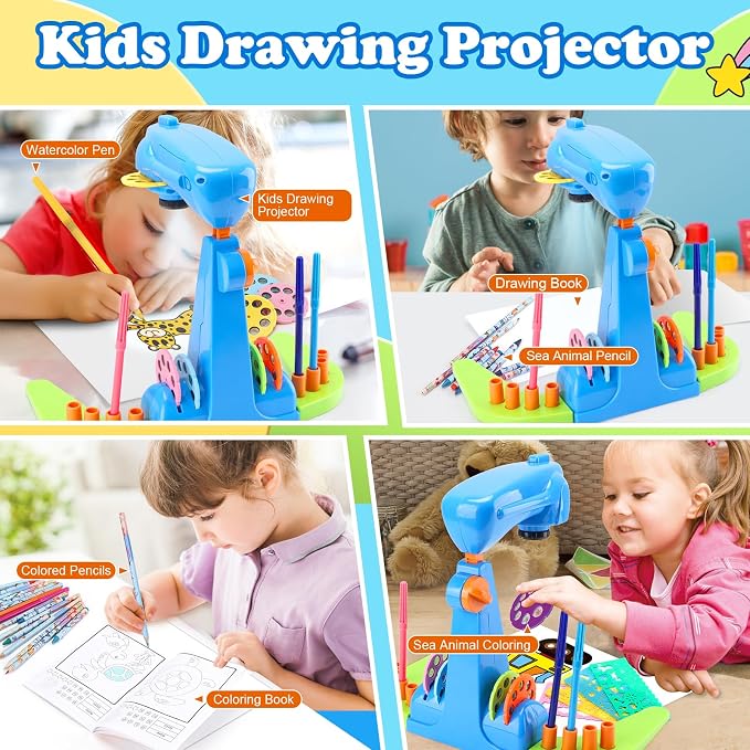 Sumsoltic Drawing Projector for Kids, Art and Craft Kit, Including Colored Pencils, Crayons, Coloring Books, Toys for 3+ Year Old Boys (Blue Drawing Kit v1)