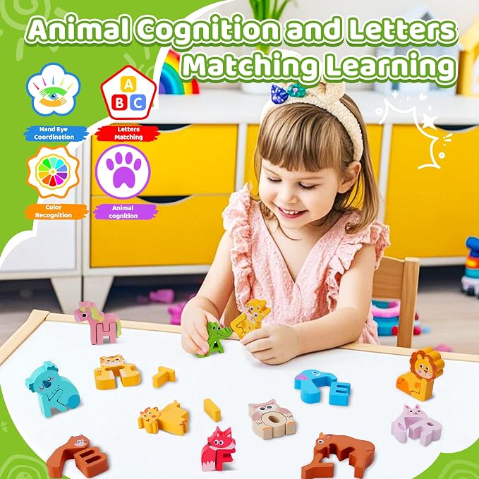 Wooden Toddler Puzzles, Montessori Toys ABC Alphabet Puzzle for Kids Ages 3-5, Cute Animal Shape Letters Matching Game, Preschool Learning Educational Toys Gift for Girls Boys 3 4 5 Years Old
