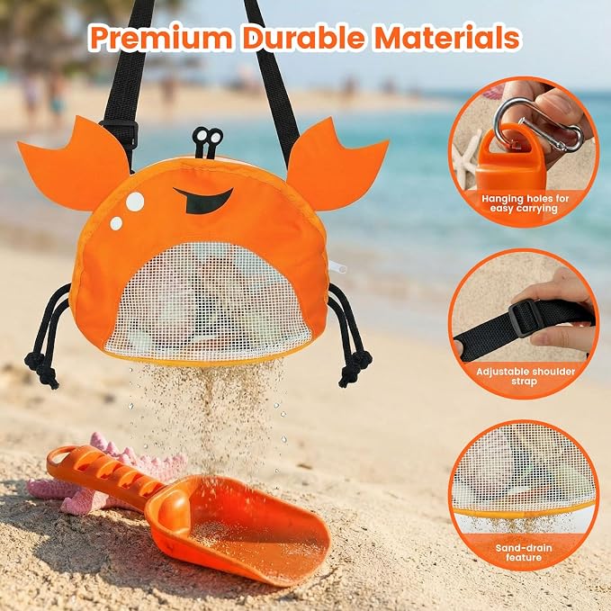 AMOR PRESENT Mesh Beach Bag for Kids, Shell Collecting Bag with Shovel Adjustable Strap for Holding Shell Sea Pool Sand Toy, Orange