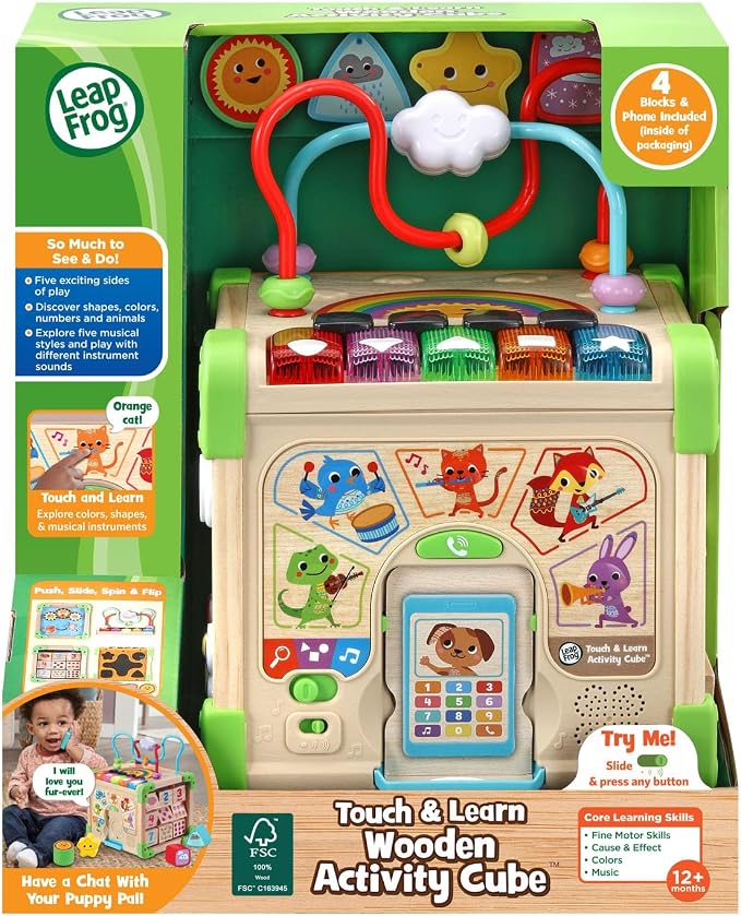 LeapFrog Touch and Learn Electronic Musical Light-Up Wooden Activity Cube Toy, Animal Themed, Ages 1 and Up