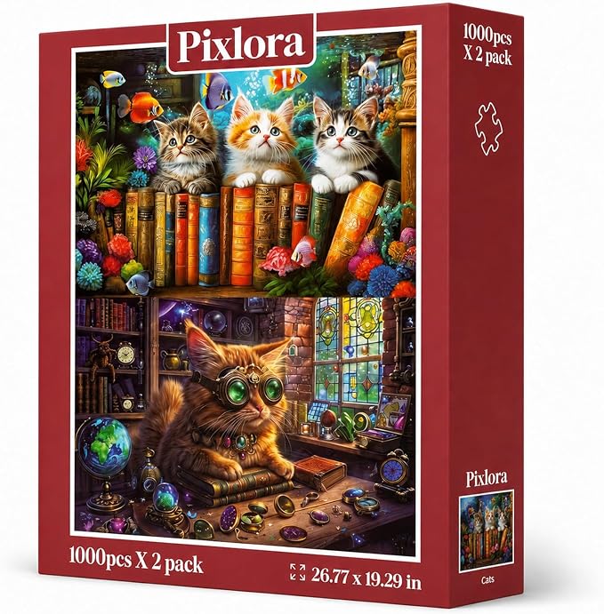 2-Pack Adult Puzzle Set – 2 Unique Designs, 1000 Pieces Each (2000 Total Pieces), Enchanted Cat Jigsaw Puzzles, Underwater & Starlight Magic Cats Puzzle, Whimsical Cat Puzzles, Challenging Family Fun