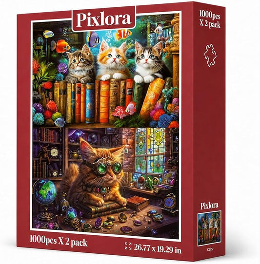 2-Pack Adult Puzzle Set – 2 Unique Designs, 1000 Pieces Each (2000 Total Pieces), Enchanted Cat Jigsaw Puzzles, Underwater & Starlight Magic Cats Puzzle, Whimsical Cat Puzzles, Challenging Family Fun
