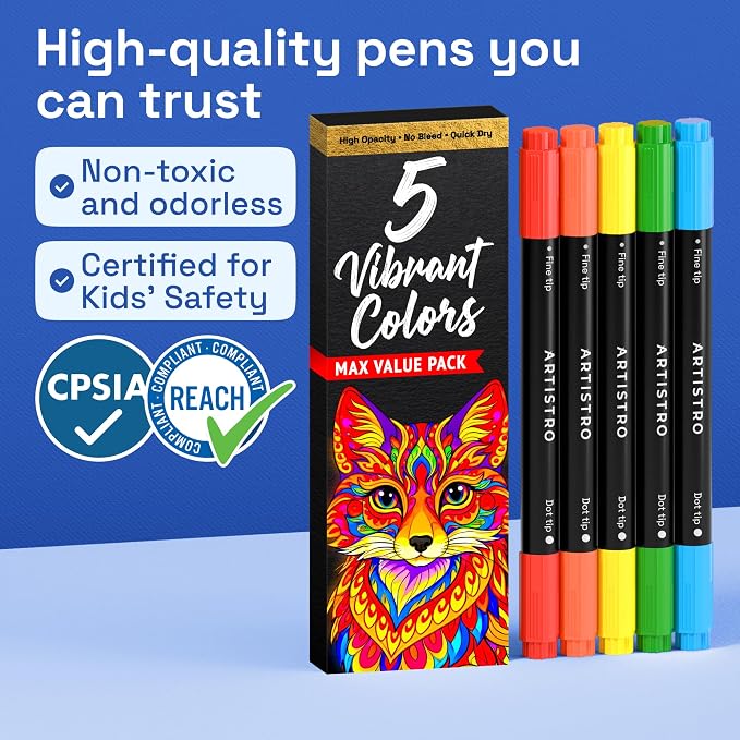 ARTISTRO 5 Precision Dual-Tip Acrylic Paint Markers – Paint Pens Set with Dot & Fine Tips for Fabric, Rock, Glass, Wood, Coloring Books – Arts & Crafts Gift – Classroom Must Haves & School Supplies