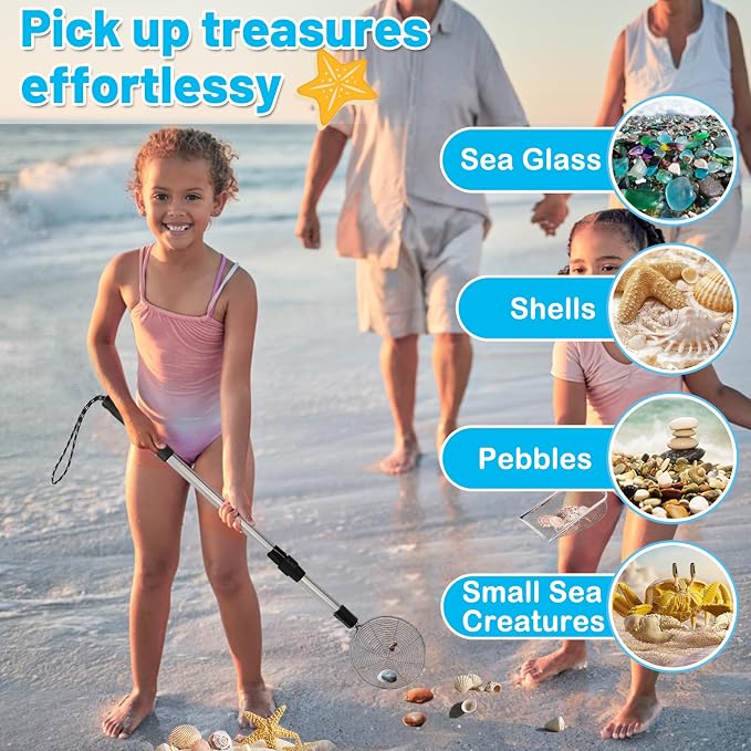 Biggun 2 Pack Shark Tooth Sifter with Seashell Bags, 21.8in~34in Adjustable Sand Sifter & Beach Shovel, Beach Sand Toys for Kids Adults Picking Up Shells Girls Boys Gifts