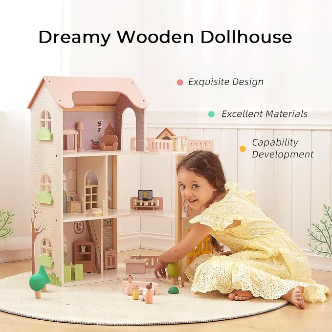 OOOK Wooden Dollhouse with 60 Pcs Luxurious Furniture Accessories, Including 4 Dolls and 2 Pets, Large 3-Story Doll House with 6 Rooms, Doll House for 3 Year Old