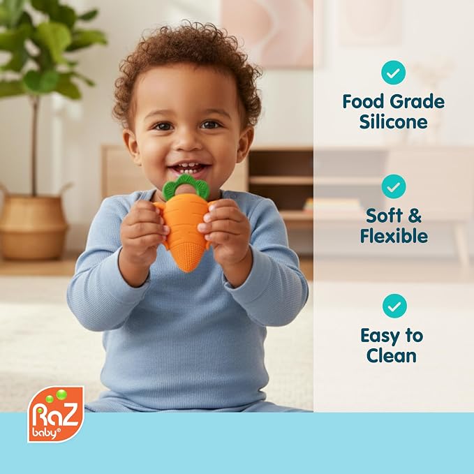 RaZbaby Carrot Teether – Gentle Relief & Sensory Development Support with Safe, Food-Grade Silicone; Nature-Inspired Texture Soothes Sore Gums; 100% BPA-Free Teething Toy for All Ages