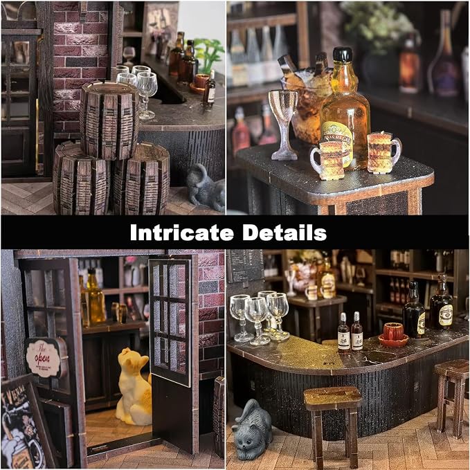 Book Nook Kit, DIY 3D Wooden Puzzle Miniature House, Vintage Pub Corner Tavern with LED Lights, Mini Dollhouse Building Kit Tiny House for Adults, Christmas Birthday Day Gift for Family