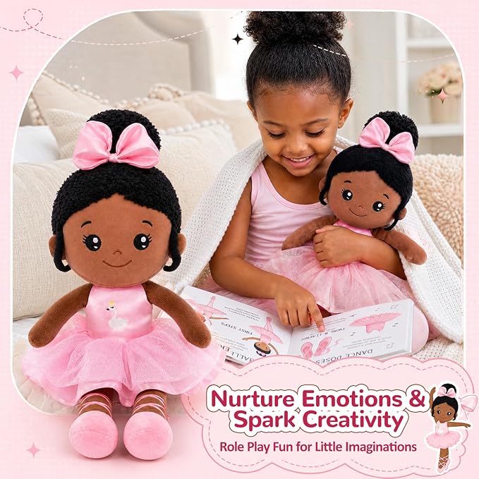 OUOZZZ 12.6" Black Soft Baby Dolls Toys for 1 Year Old Girl Gifts, African American Dolls Birthday Gifts for 1 Year Old Girl Ballerina Doll Plush Toys for Toddler