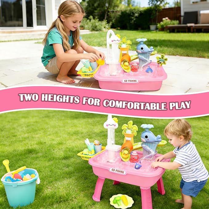 Water Table for Toddlers 1-3, Kids Play Sink for Toddlers with Pump, Whale Slide, Waterfall Shower & Pretend Kitchen Accessories, Summer Baby Water Toy for Outdoor Backyard Sensory Play (Pink)