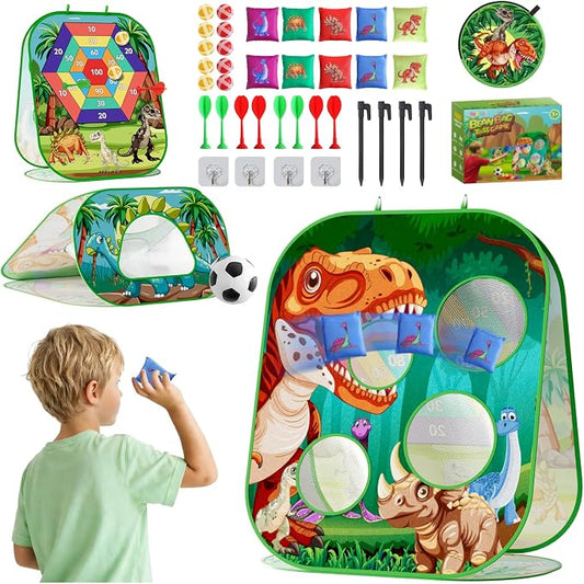 4-in-1 Dinosaur Bean Bag Toss Game for Kids, Cornhole & Dart Board Set for Toddlers, Outdoor Toys for Family Party, Backyard, Beach & Lawn Activities, Gift for Boys and Girls Ages 3 4 5 6 7 8