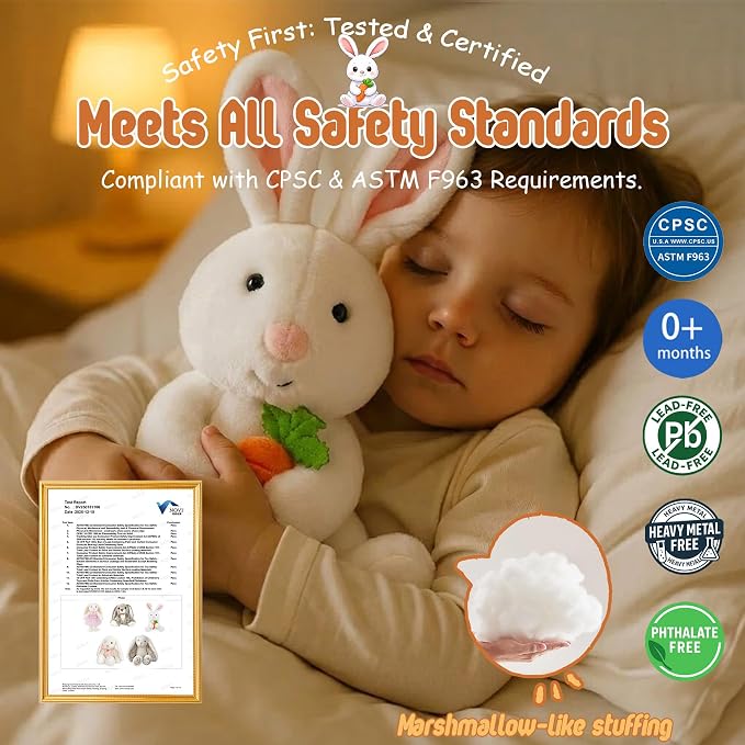 Bunny Plushie Holding Carrot Stuffed Animal Soft Toy Foodie Vegetable Theme Easter Basket Stuffers Gifts for Baby Boy Kids Children Nursery Room Decor Holiday Spring Surprise 10.6 Inch 5.1 oz
