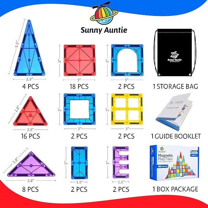 SUNNY AUNTIE Magnetic Tiles 56 PCS Building Set – Magnetic Building Tiles STEM Toy for Kids & Toddlers Ages 3-8, Magnet Construction Set for Boys & Girls