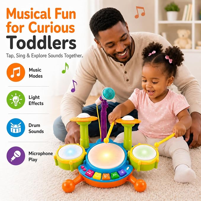 Toddler Drum Set for Toddlers, Baby Drum Set with Microphone & Lights, Kids Musical Instrument Toy for Boys Girls, Birthday Gift, Toddler Music Toy, Early Learning Toy
