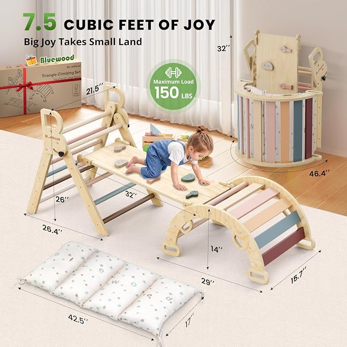 BlueWood Pikler Triangle Set with Cushion, 8-in-1 Climbing Toys for Toddlers, Montessori Philosophy Play Jungle Gym with Arch, Ramp, Ladder(Mauve Pink)