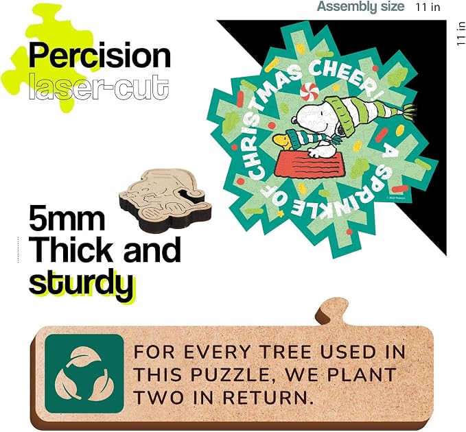 Peanuts Snoopy Puzzles for Adults – Christmas Cheer Wooden Jigsaw Puzzles, 200 Pieces Unique Shaped Woodstock Puzzle, for Kids, 5MM Thick, Officially Licensed Merchandise, 11" x 11"