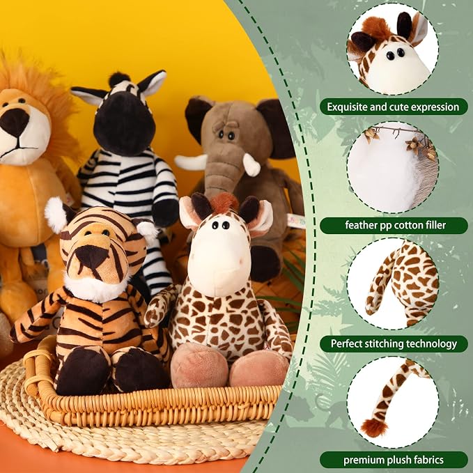 Zhanmai 6 Pieces Safari Stuffed Animals Plush Jungle Animal Toys Set for VBS 2026 Decorations Lion Elephant Zebra Giraffe Tiger Monkey for Boys Girls Birthday Animal Themed Parties
