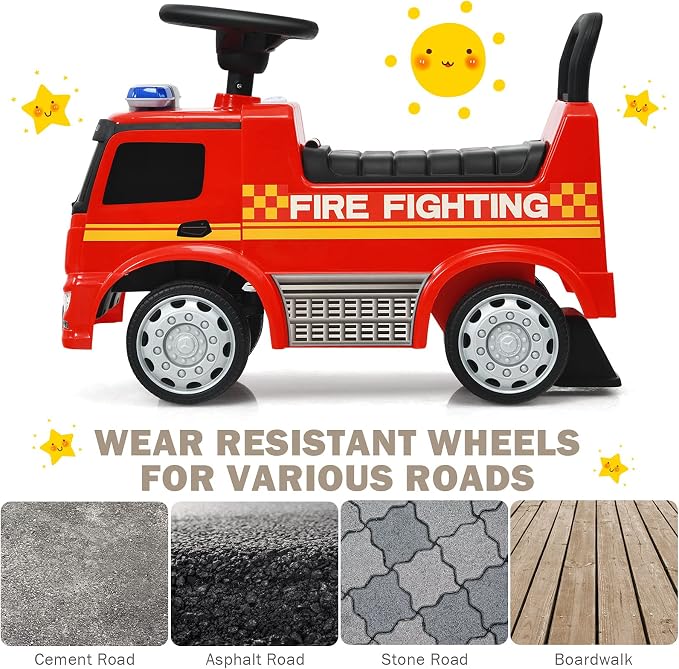 HONEY JOY Ride On Push Car, Licensed Mercedes Benz Push Cars for Toddlers w/Horn, Music, Lights, Under Seat Storage, Foot-to-Floor Ride On Fire Truck Toy for Kids Boys Girls 1-3, Red