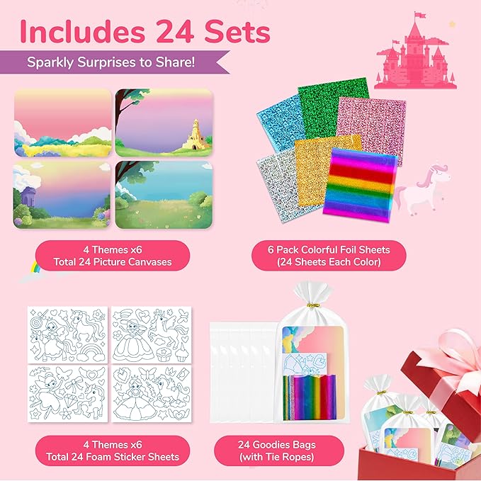 JoyCat 24 Pack Foil Art Craft Party Favors,No Mess Arts and Crafts for Kids,Goodie Bag Stuffers,DIY Creative Activity, Birthday Present for Girls Boys 4 5 6 7 8 9 Years Old(Unicorn)