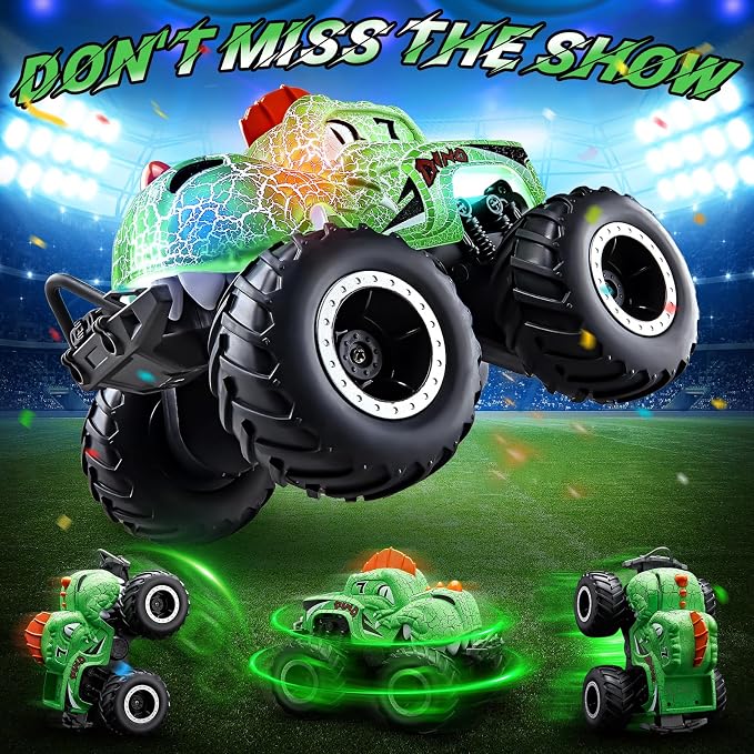 Amphibious Remote Control Car, 1:20 Waterproof Dinosaur Monster Trucks for Boys Age 4-7, 2.4GHz All Terrain RC Cars with 2 Batteries, 360° Rotating Stunt RC Car Toy Birthday Gift for Kids 3-5