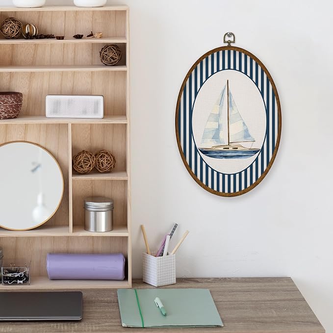 WULQYING Coastal Sailboat Nautical Nursery Wall Art Decor, Kids Room Oval Framed Canvas Art Prints, Blue Striped Sailboat Wall Hanging Decor for Kids Toddler Boy Room Bedroom Playroom, 8.6x11.4 Inches