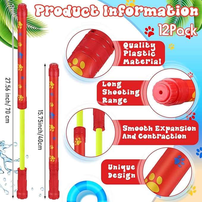 Halloscume 12 Pack Dog Puppy Paw Water Gun Birthday Party Favors Summer Activity 15.75 in Water Gun Blasters Toys for Kids Outdoor Swimming Pool Backyard Beach Games