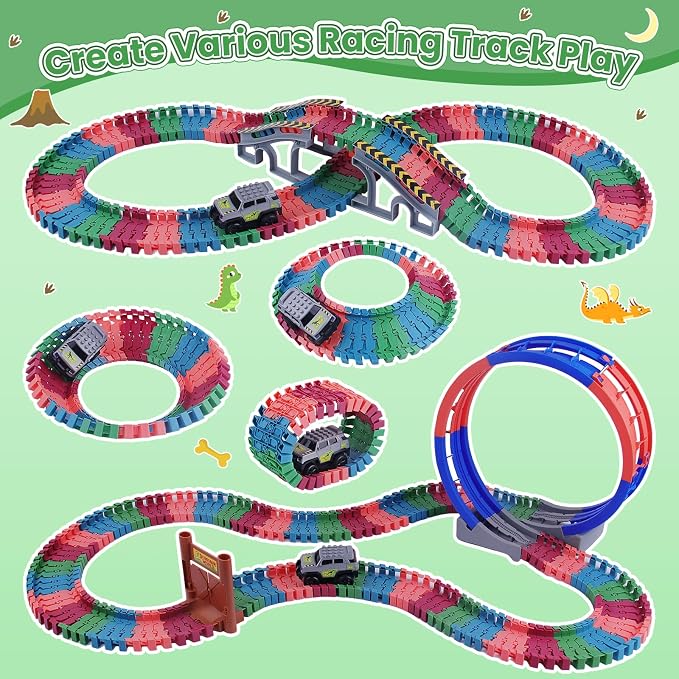 144 PCS Race Tracks Dinosaur Toys for Kids 3-5, Glow in The Dark Magic Toy Set, Flexible DIY Track Set, Birthday Gift for Age 3-9 Boys Toddler Girls,Create a Dinosaur Adventure World