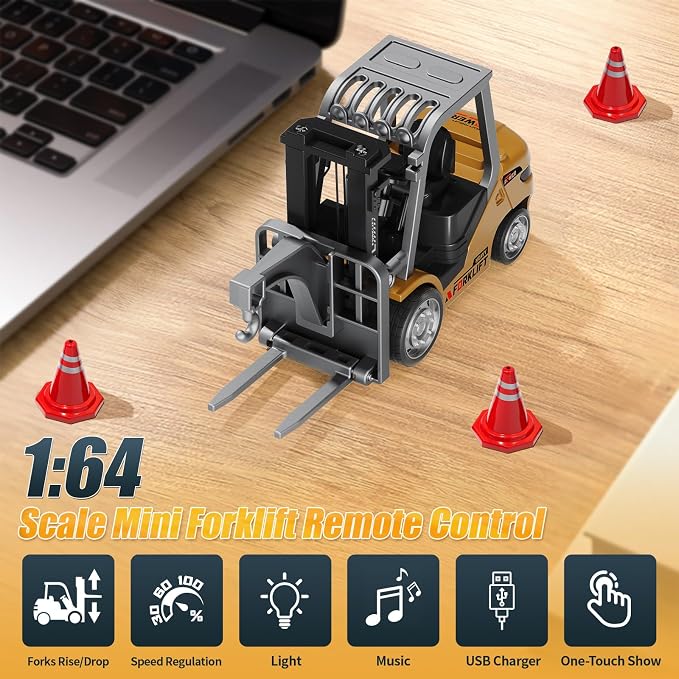 Mini Forklift Remote Control 1:64 RC Forklift Toy, 2.4GHz Construction Vehicle with LED Music, Variable Speed 2-in-1 Transformable Lift Fork & Hook, Includes 4 Road Barriers, Gift for Kids & Adults