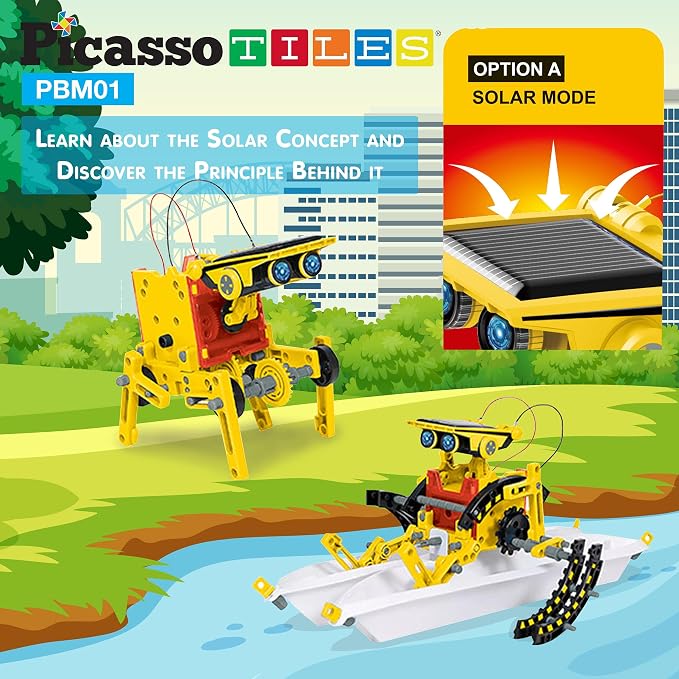 PicassoTiles 12-in-1 Solar Powered Transform Robot Set STEM Kids Educational Learning Engineering Building Toy Creative Unique Transformation Energy Science Experiment DIY Kit Boy Girl Age 8+ PBM01