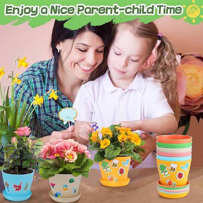Cosweet 24 Pack Durable Resin Garden Pot Craft Kit for Kids - Colorful Flower Plant Spring Crafts with Stickers & Blank Labels, School Activities Growing Kit for Classroom Home DIY Gift 4+ Years