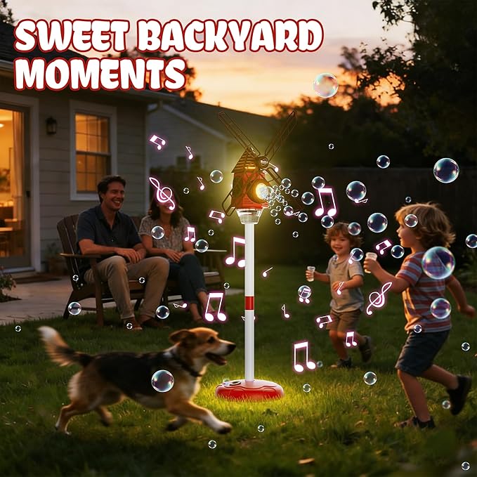 Windmill Bubble Machine for Kids, 51" Adjustable Height Bubble Maker with Light & Music, 130ml Tank, 10-Hole Battery Operated Bubble Blower for Toddlers, Backyard Outdoor Party Toys