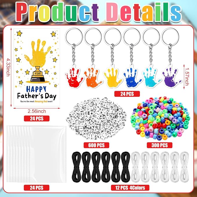 Suncalla 996 Pcs 24 Set Father's Day Keychain Making Kit DIY Bead Keychain Crafts Father's Day Adjustable Letter Beads Handprint Keyrings Cards Strings Gift Kit Accessories Party Favors for Dad