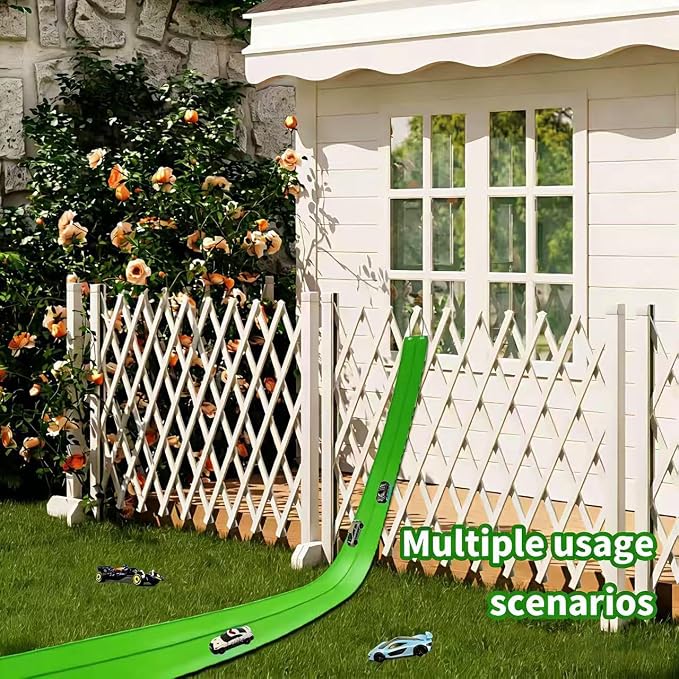 Flex Track 15 Ft Starter Set – Flexible Race Car Ramp Track for Kids, Double-Sided Racetrack for 1:64 Diecast Cars and Similar Toy Cars, Ages 3 & Up with Suction Cups (Green)