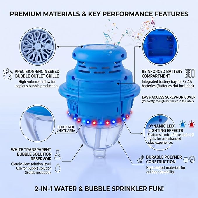 2 in 1 Water Sprinkler & Bubble Machine for Kids, Automatic Outdoor Toy with Lights & Sounds, 2 Bottles & 10 Refill Packs Bubble Solution, Summer Backyard Yard Play Toy, Blue, Battery Not Included
