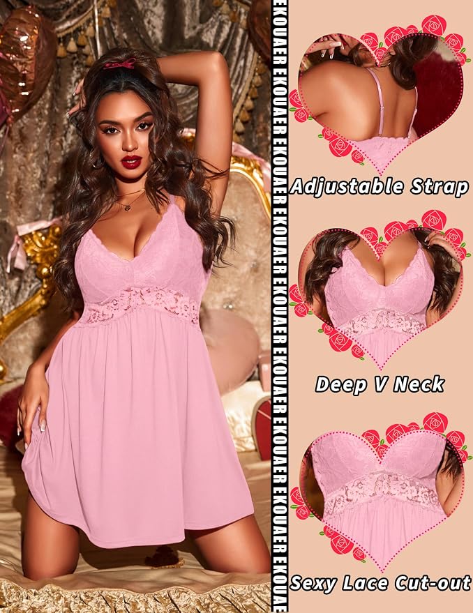 Ekouaer Lingerie for Women Sexy Nightgown Lace Trim Sleep Dress Chemise Nightgowns Sleeveless Night Gown Sleepwear S-3XL