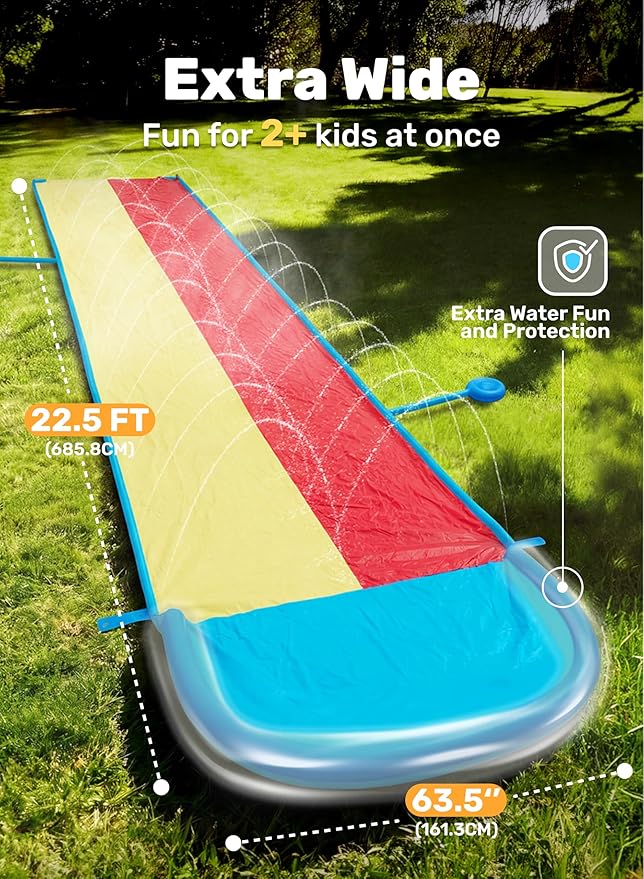 Sloosh 22.5FT Lawn Water Slide with Water Stomp, Slip Waterslide with 2 Bodyboards Summer Toy with Build in Sprinkler for Backyard Outdoor Fun for Kids