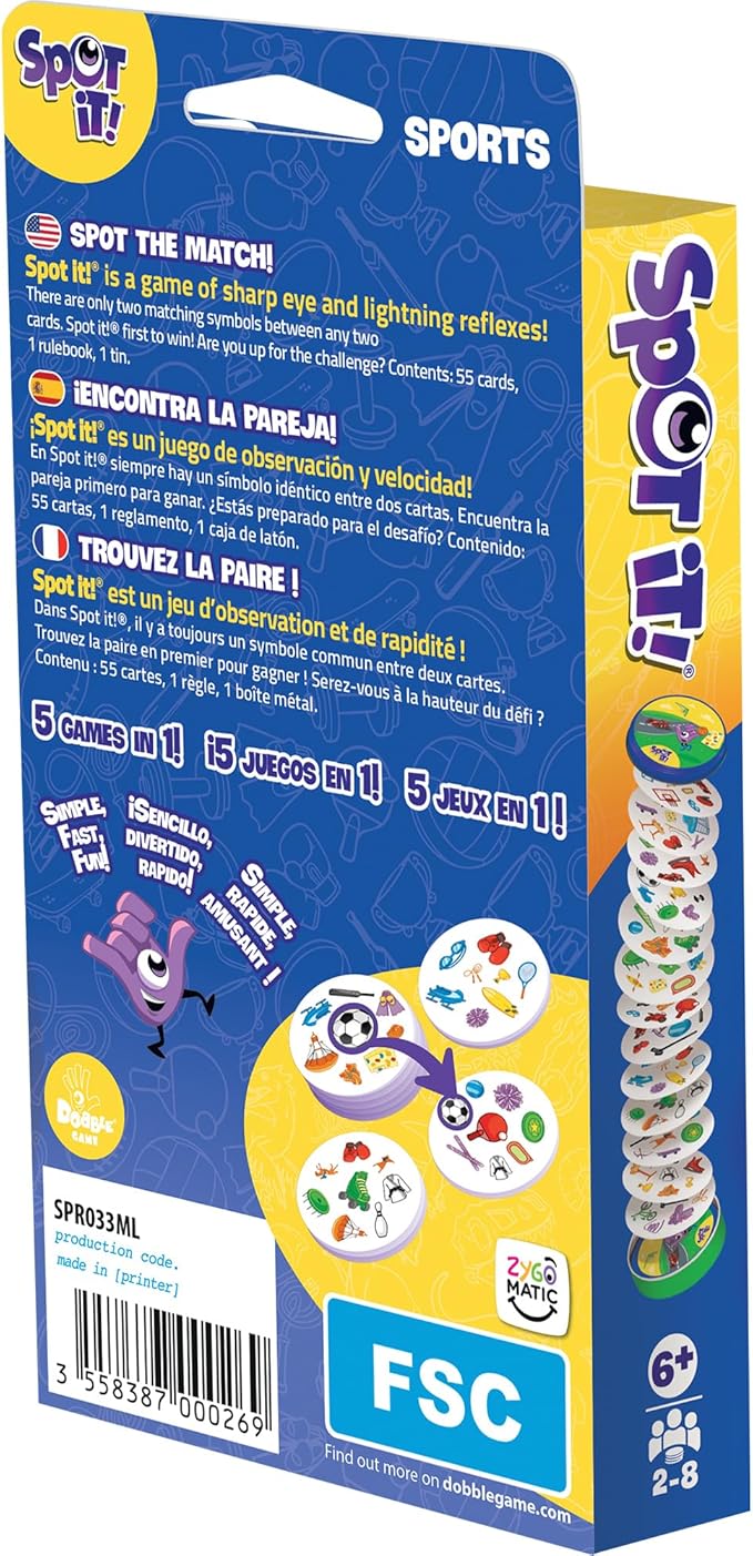 Asmodee Spot It! Sports Card Game (Eco-Blister) - Fast-Paced Matching Featuring 5 Mini-Games, Travel-Friendly Family Fun for Kids & Adults, Ages 6+, 2-8 Players, 15 Minute Playtime