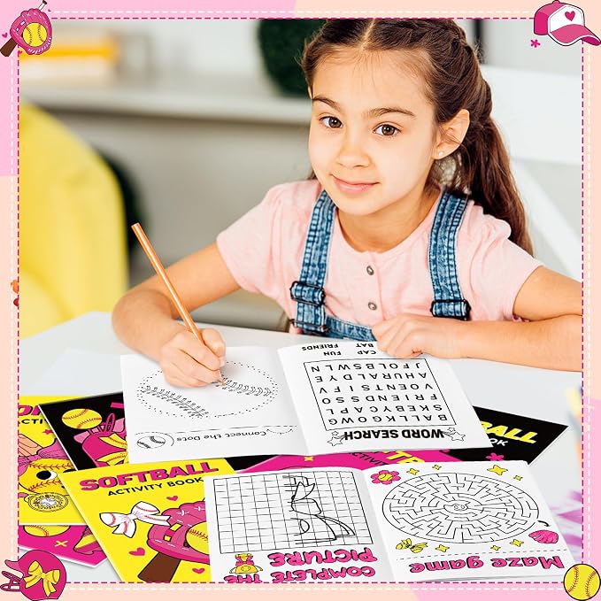 Softball Activity Books for Kids - 48Pcs Softball Mini Games Coloring Book Set Bulk Mazes Word Search Word Scramble Games DIY Booklet for Birthday Sports Party Goodie Bags Stuffers Classroom Supplies