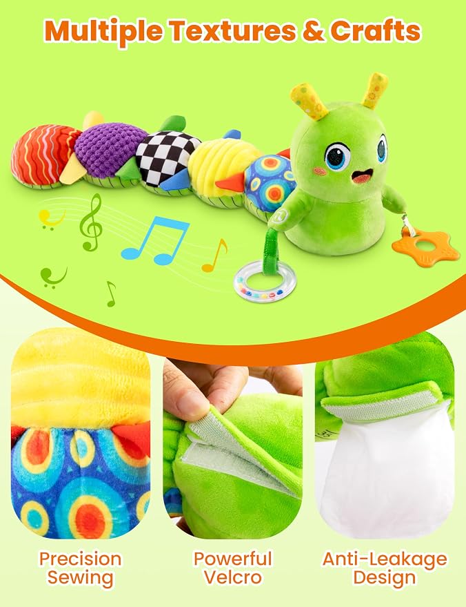 GoGonova Musical Caterpillar Baby Sensory Toy for Infant Development 0-12 Months – Newborn Bath, Car Seat, Stroller & Bassinet Activity Toy & Gift – Tummy Time Crawler & Teether(Green)