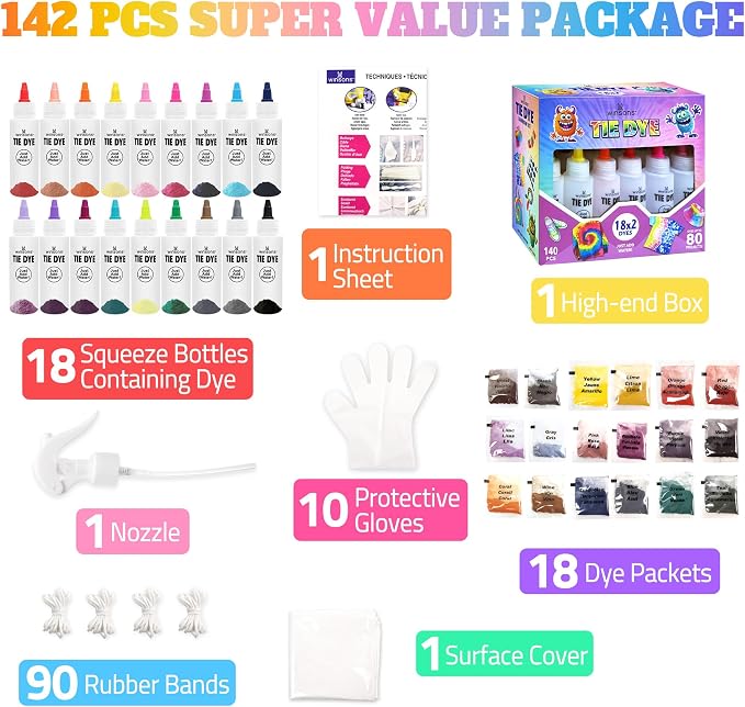 18 Colors Tie Dye Kit, Tie Dye Set for Kids, Pre-Filled Tye Dye Bottles, Non Toxic Permanent Fabric Dye Art Set, Easy DIY Fabric Art - Create Fun