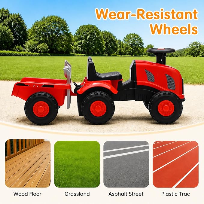 Kids Ride on Tractor, 2 in 1 Foot to Floor Push Car w/Detachable Trailer, Horn, Rake & Shovel, No Power Sliding Toy Gift for Toddlers, Outdoor Ride on Construction Vehicle (Red)
