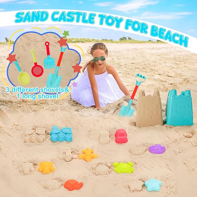 14 Piece Beach Toys,Castle Barrel Bucket,Sea Animal and Traffic Sand Molds,Beach Shovel Tool Kit, Fun Outdoor Games Beach Accessories for Boys Girls