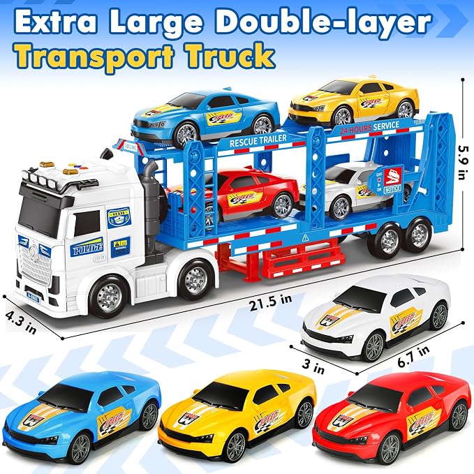 BainGesk Semi Truck Toys Car for 3, 4, 5, 6, 8 Years Old Boys Girls, Adjustable Double Decker Carrier Truck with Light & Sound, Car Hauler with Trailer Toy, Large Transport Toy Gifts for Toddler