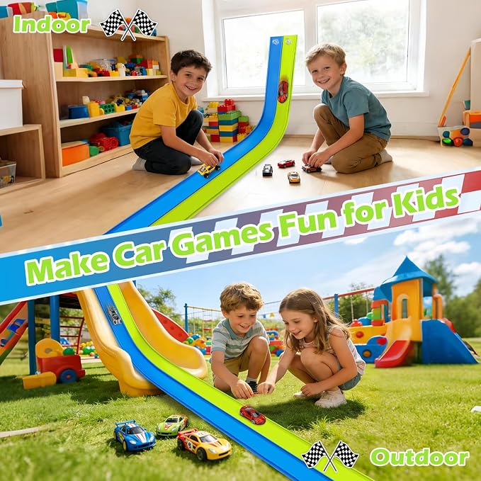 Flexible Race Track Toys for Kids, 15 Ft Flex Tracks Starter Set with Strong Suction Cups - Compatible with Hot Wheels and Diecast 1/64th Cars, Rolls up Portable Race Car Ramp Track (Blue Green)