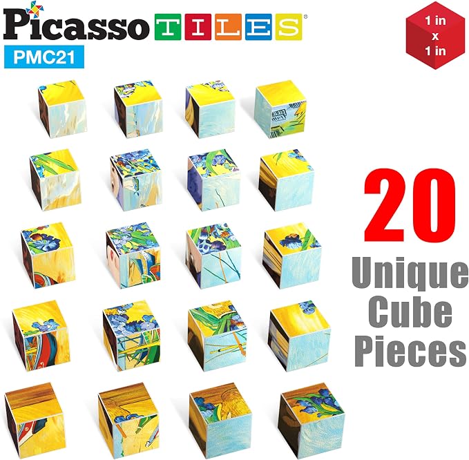 PicassoTiles 1” Magnetic Puzzle Building Cubes Blocks of Popular World Famous Art Paintings with Free Frame, Educational STEAM Toys for 3+ Year Old Boys Girls Toddlers Or Preschool Age Children PMC21