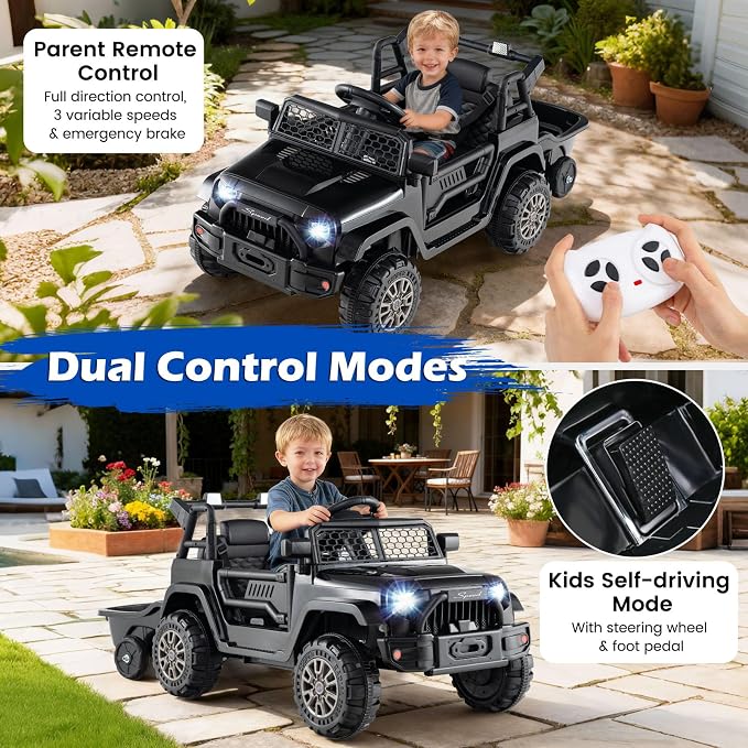 Costzon Ride on Car with Detachable Trailer, 12V Battery Powered Ride on Truck with Parent Remote Control, Light & Music, Electric Vehicle Kids Car Toy for Boys & Girls (Black)
