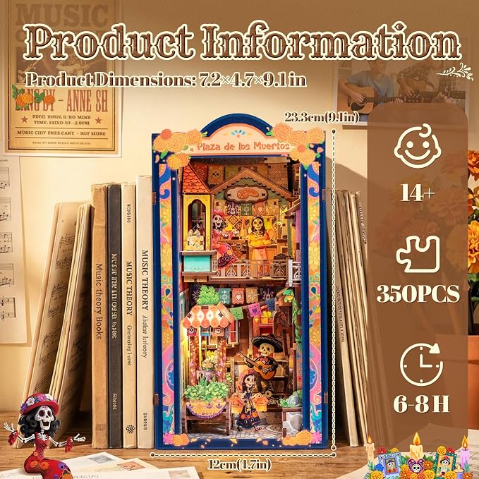 CUTEBEE Book Nook Kit - DIY Miniature House Kit for Adults, 3D Wooden Puzzle Bookshelf Insert Decor, Day of the Dead Booknook, Mexican Folklore LED Miniature Kit, Unique Gifts (Plaza de Los Muertos)