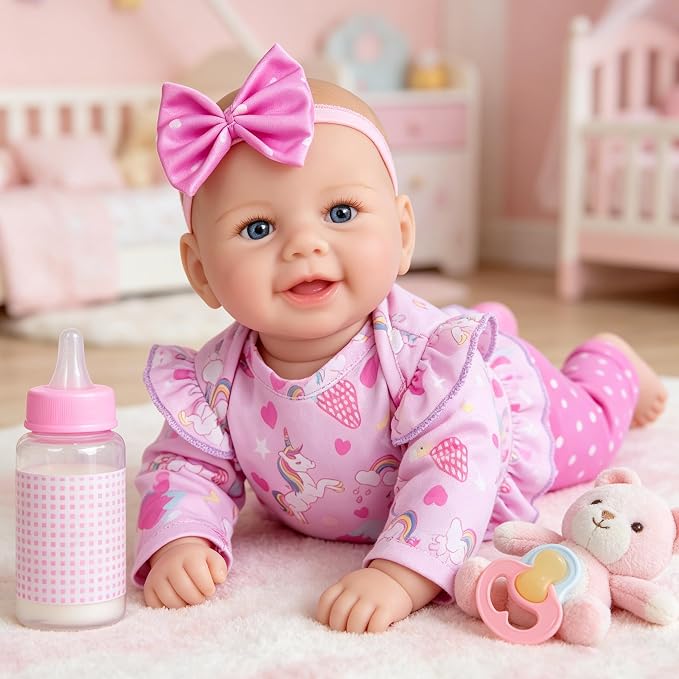 Milidool Baby Dolls - 17Inch Cute Realistic Baby Doll Poseable Smiling Real Life Baby Dolls with Complete Accessories for 3+ Years Old Gifts