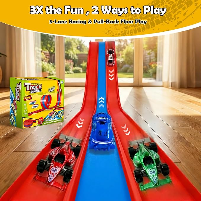 16ft Flex Track, Flexible Race Track for Kids 3-5 Year Old with 4 Pull-Back Cars, Portable Roll Up Racing Car Tracks for Toddlers, Birthday Gifts for Boys Girls (3 Lane - Blue & Red)