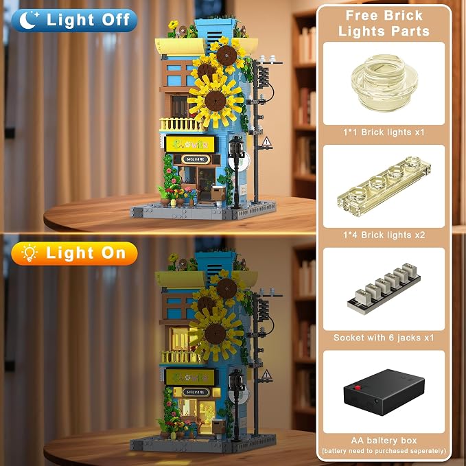 Sunflower House Building Set with LED Light, 3-Story Japanese Street View House Blocks, 1580PCS Creator Architecture Model Building Kit, Home Office Decor Gift for Adults